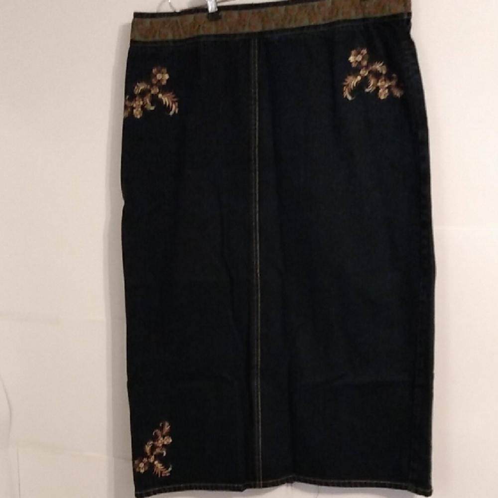 Vtg Y2K Dark Denim Jeans Embroidered Tapestry  Skirt Willi Smith